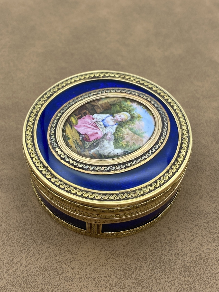 Tabatière circulaire en or, émail et miniature à scène bucolique, XVIIIe siècle-photo-2