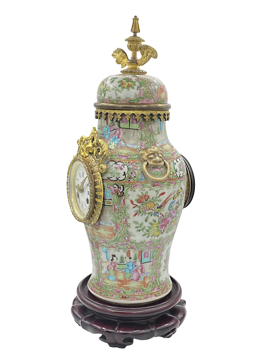 French Clock In A Canton Famille Rose Porcelain Vase, Late 19th Century-photo-3
