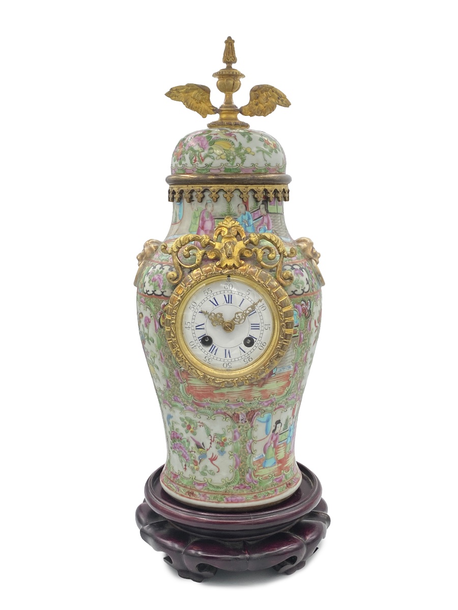 French Clock In A Canton Famille Rose Porcelain Vase, Late 19th Century