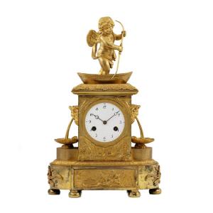 Bronze French Clock With Cupid "the Ferryman", Hour And Quarters Chime