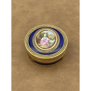 Circular Gold, Enamel And Miniature Snuff Box With Pastoral Scene, 18th Century