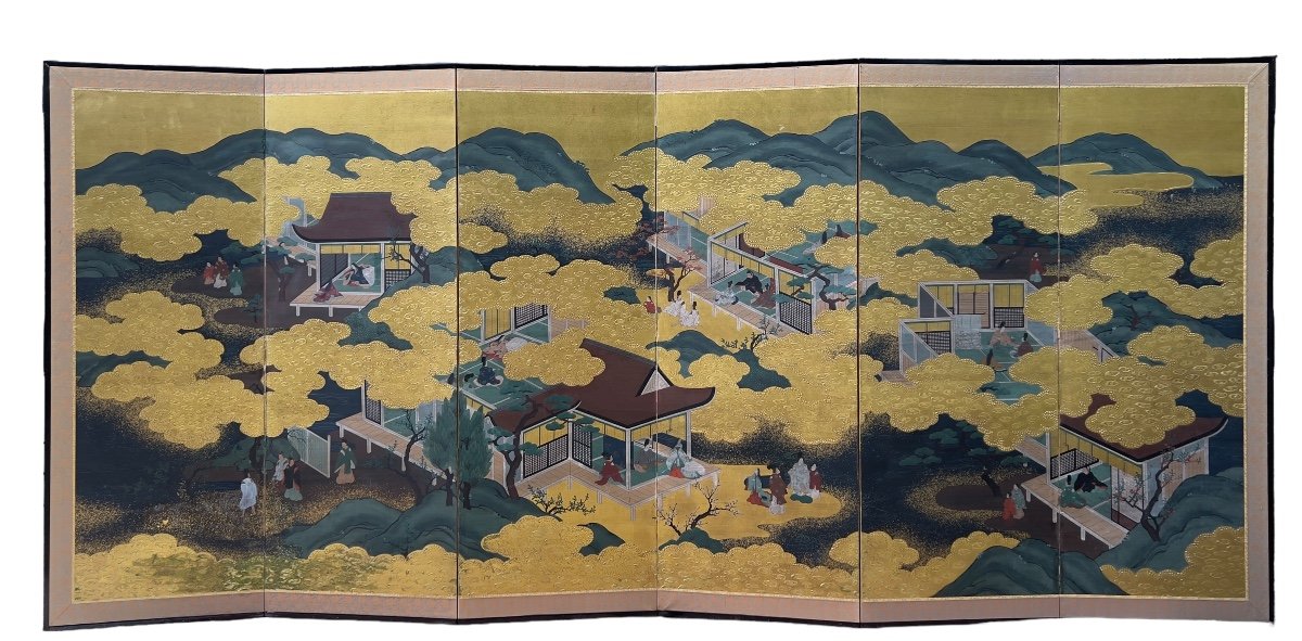 Le Dit Du Genji, Paravent Japonais à Six Feuilles - Japon 19e Siècle-photo-1