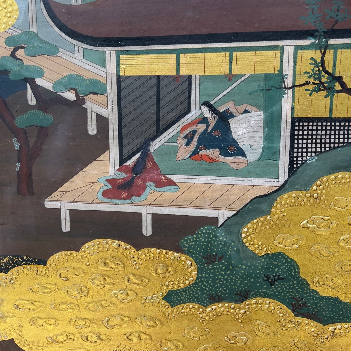 Le Dit Du Genji, Paravent Japonais à Six Feuilles - Japon 19e Siècle-photo-5