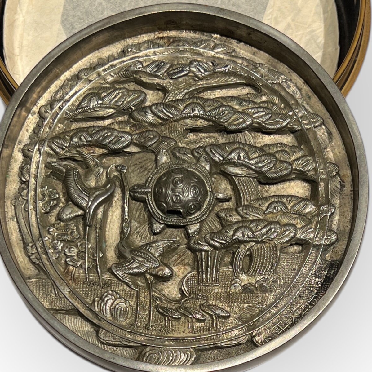Miroir Japonais En Bronze Et Sa Boite En Laque, Japon, époque Edo, 18ème Siècle -photo-3