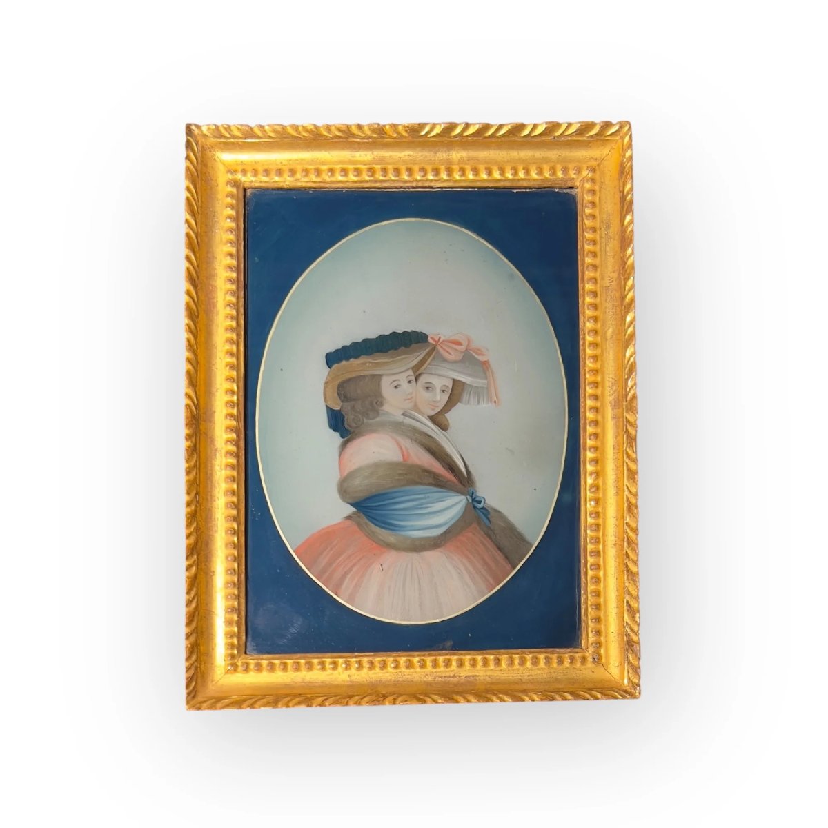 Fixé sous verre chinois à décor de deux jeunes femmes occidentales, Chine vers 1810-1820