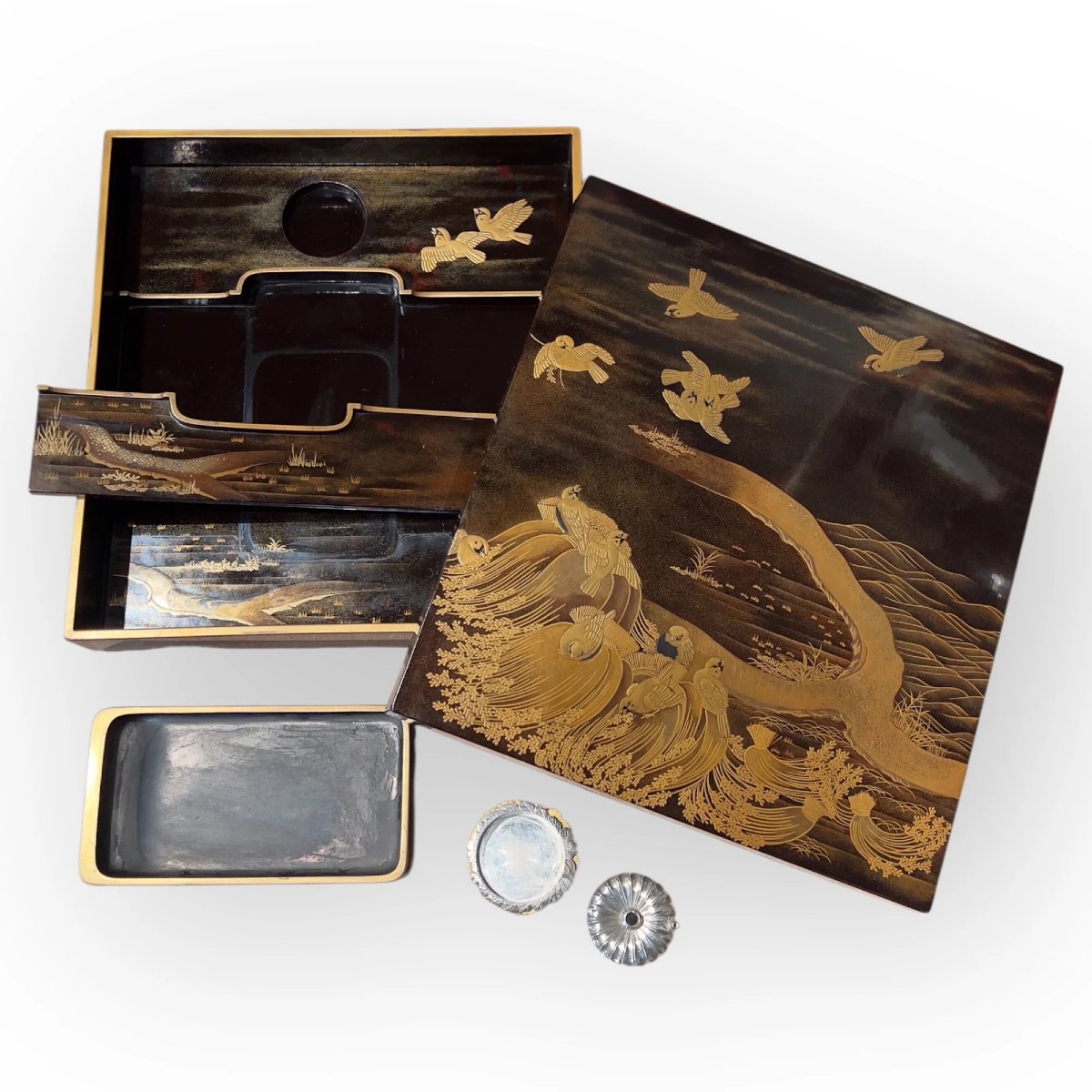 Japan, Lacquered Suzuribako Decorated With Sparrows By The Water, Late Edo–early Meiji Periods-photo-3