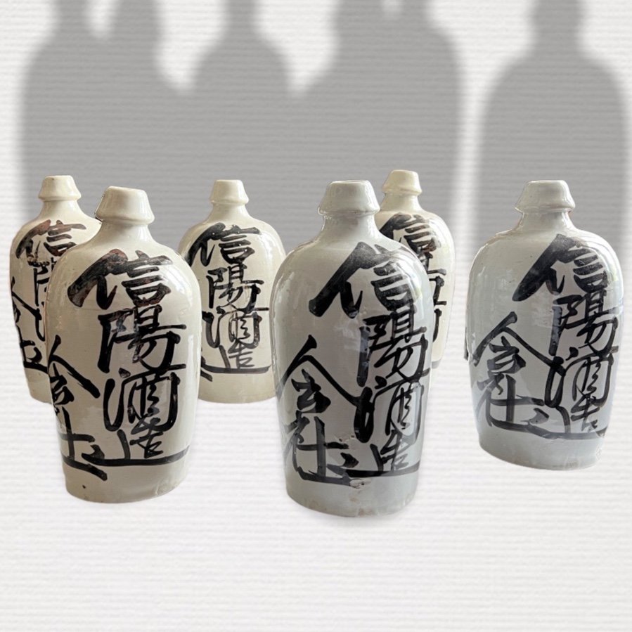 Japan, Collection Of 6 Sake Bottles (tokkuri) In Enamelled Stoneware, Late 19th