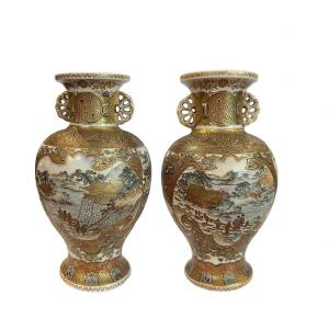 Japan, Pair Of Vases, Japanese Satsuma  Ceramics, Signed Hattori, Meiji Period Circa 1870/80