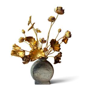 Japon - Ensemble de vingt-deux fleurs, boutons et feuilles de lotus jōka, bois doré, Japon, 19è
