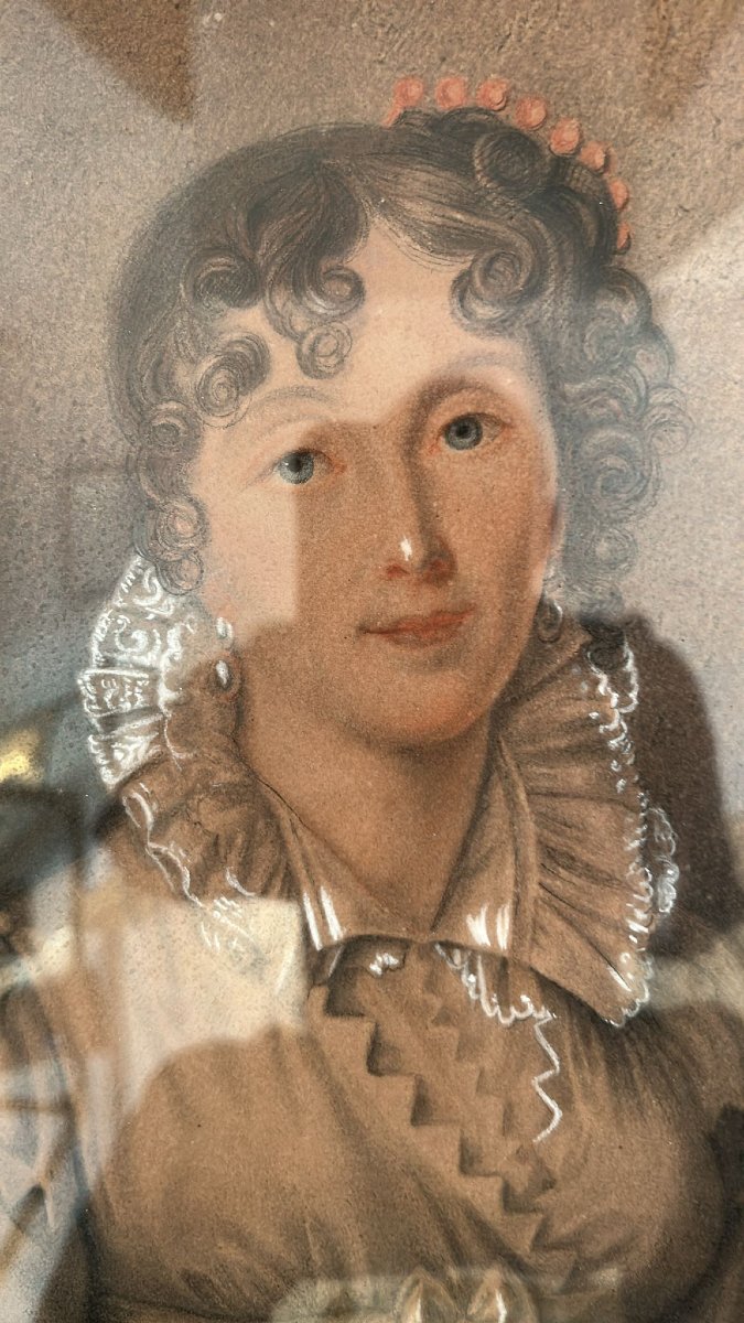 Pastel d'époque XIX siècle, France, encadré d'un cadre doré contemporain. -photo-3