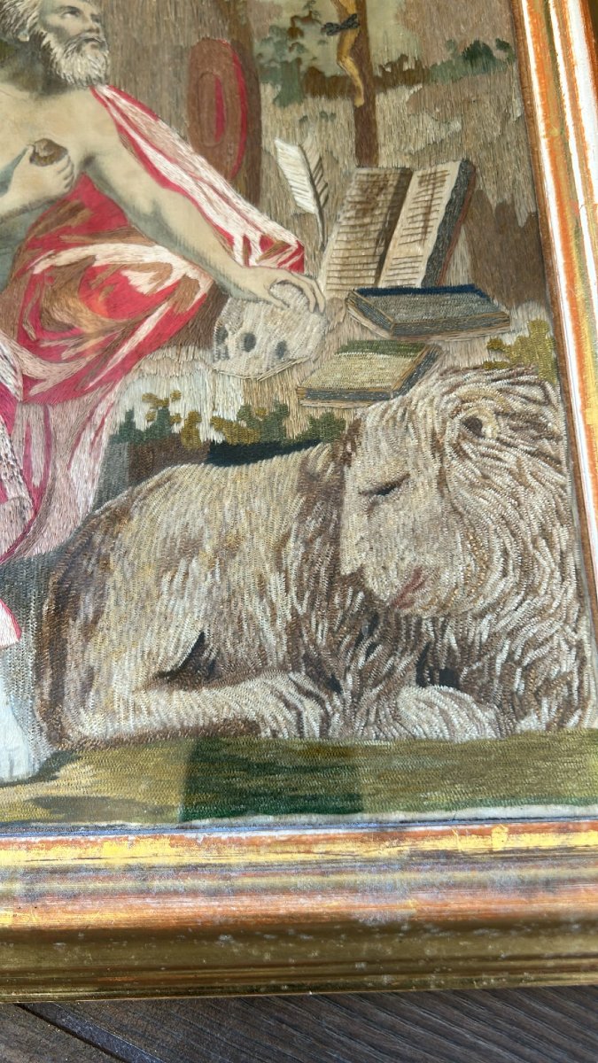 Peinture sur soie, XVIIIe siècle. Saint Jérôme le Pénitent. -photo-3