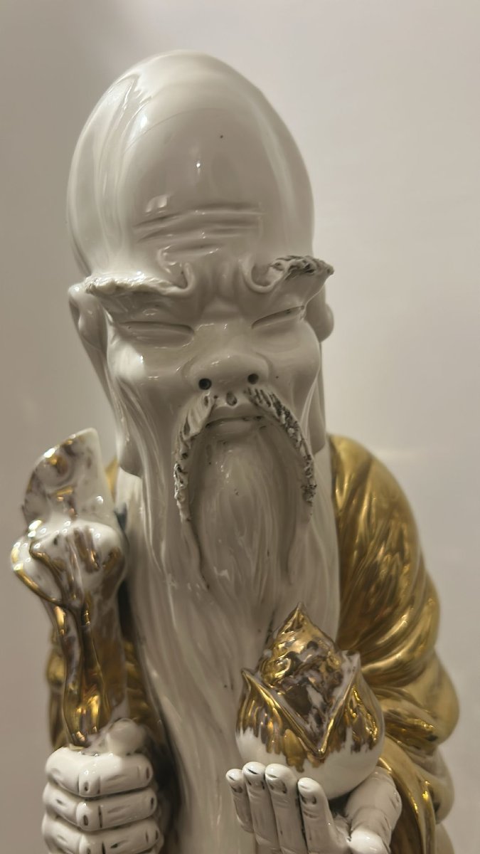 Large Pair Of Chinese Buddhist Or Taoist Statues In White Porcelain And Pure Gold.-photo-2
