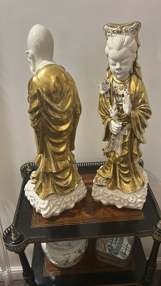 Large Pair Of Chinese Buddhist Or Taoist Statues In White Porcelain And Pure Gold.-photo-4