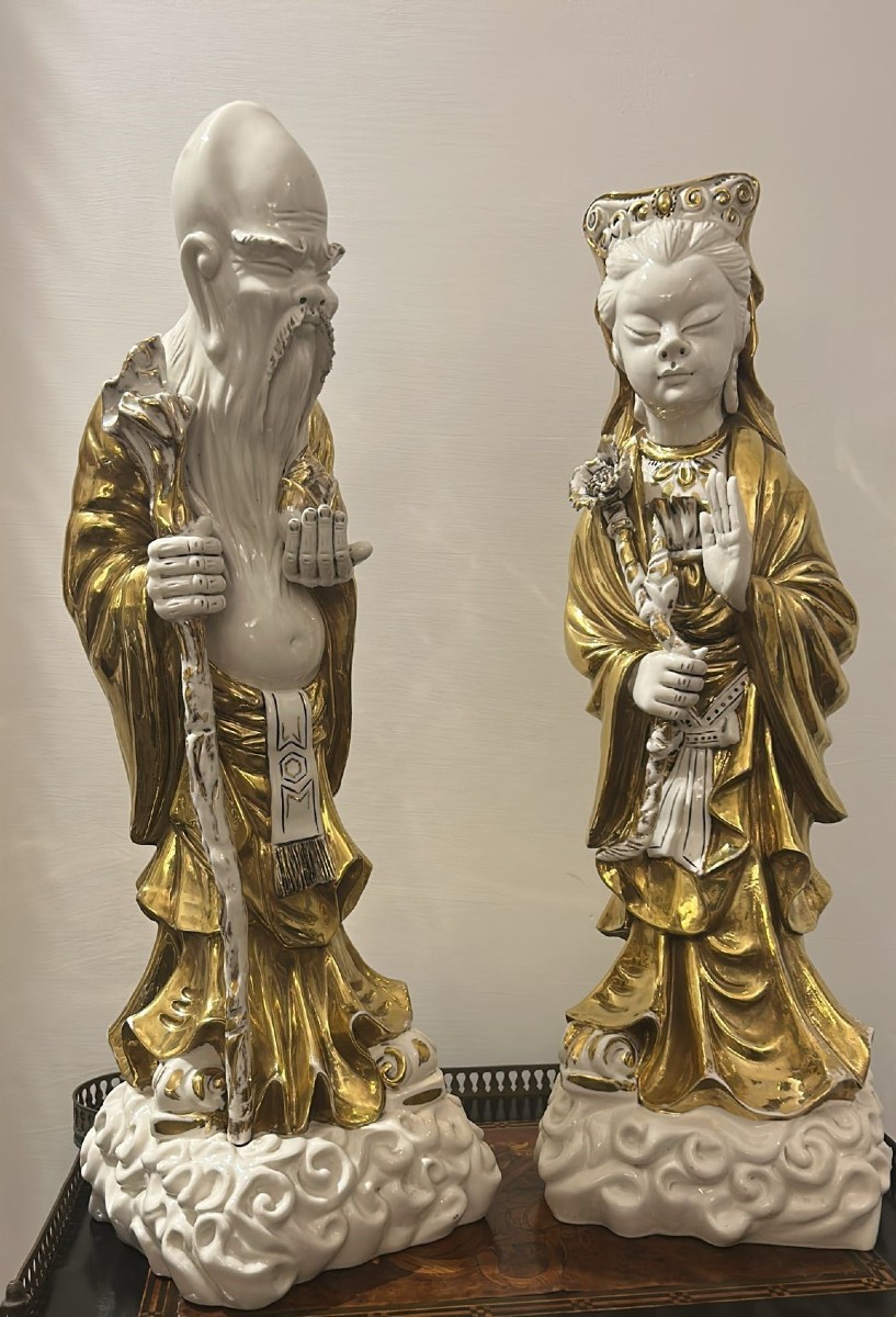 Large Pair Of Chinese Buddhist Or Taoist Statues In White Porcelain And Pure Gold.