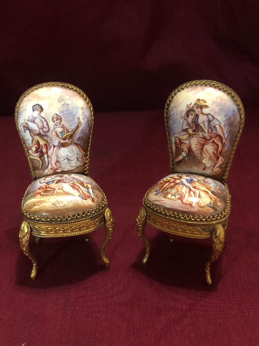 A Pair Of Miniature Chairs In Viennese Enamel.