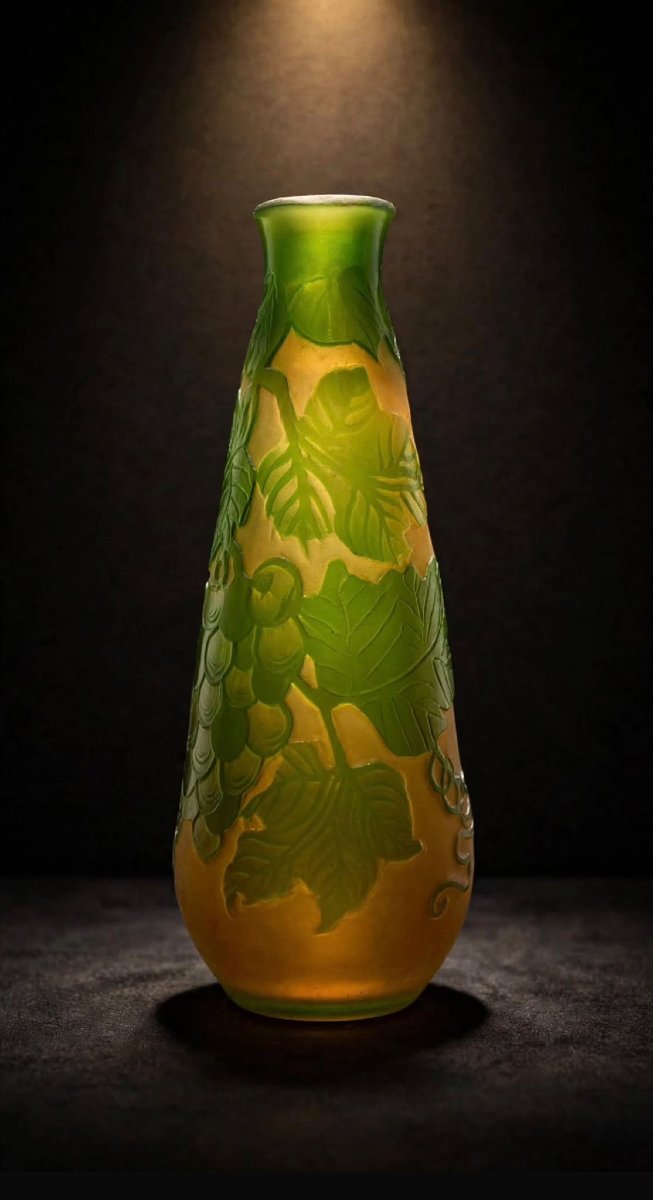 Vase soliflore à décor de vigne et grappes de raisin, Émile Gallé (1846-1904), Nancy. 
