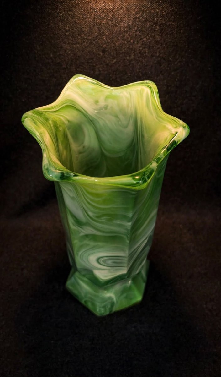 Hexagonal Glass Vase With A Malachite Finish – Bohemia – 1960s. -photo-2