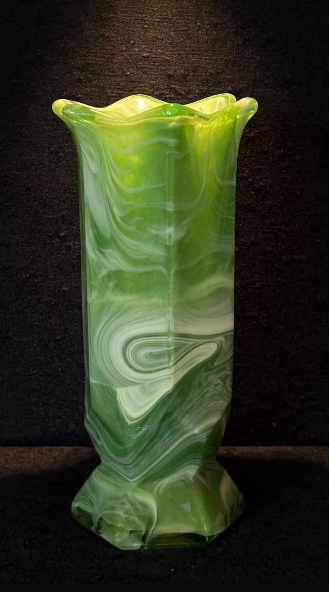 Hexagonal Glass Vase With A Malachite Finish – Bohemia – 1960s. -photo-3