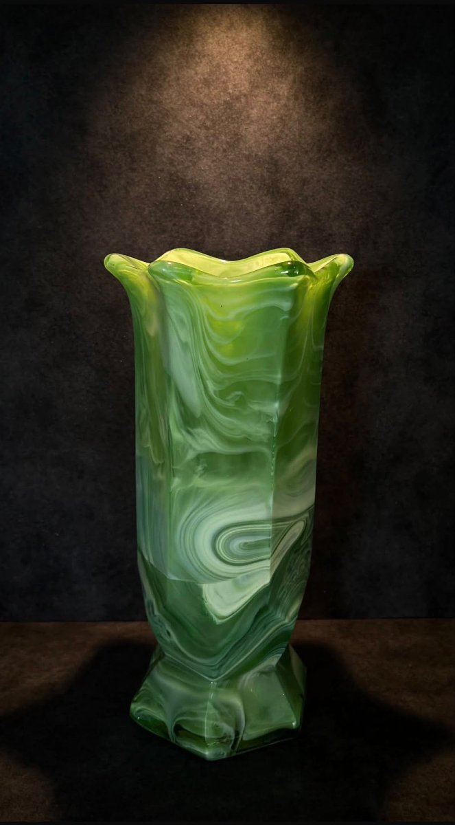 Hexagonal Glass Vase With A Malachite Finish – Bohemia – 1960s. 