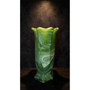 Vase hexagonal en verre malachite - Bohême - 1960 