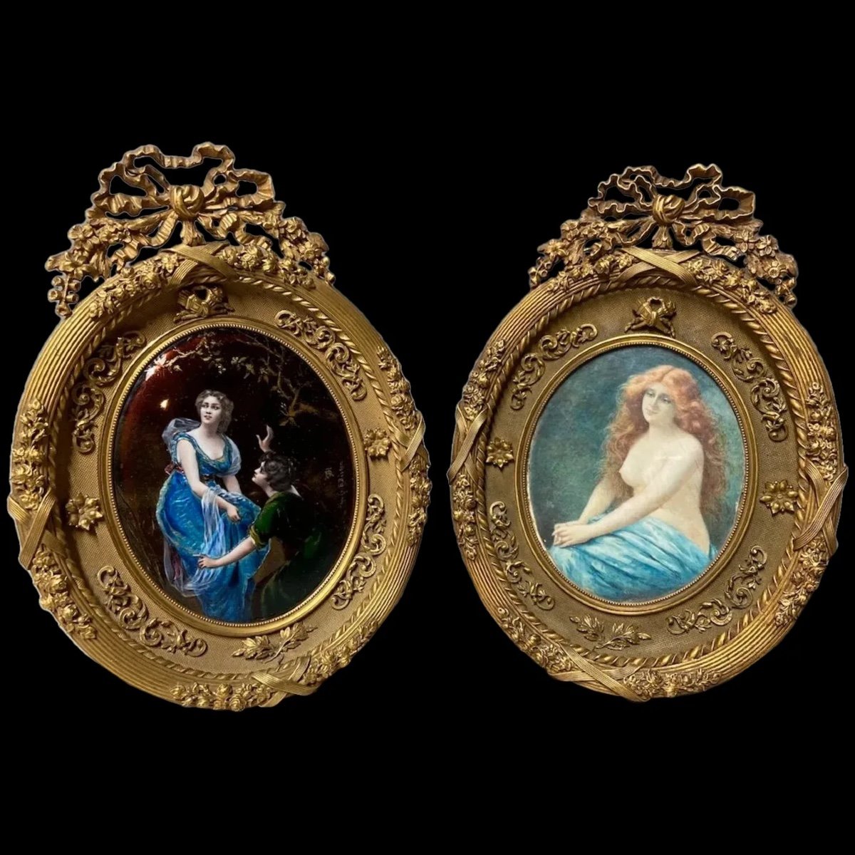 Peintures Miniatures Françaises : Edouard Bisson (1856-1939) En Bronze Doré - Une Paire