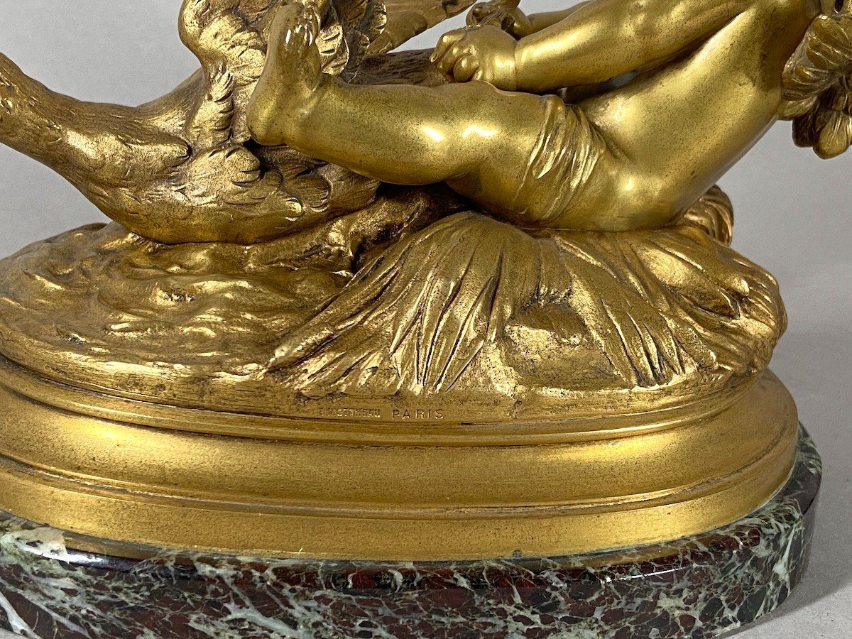 Exquise Sculpture En Bronze Doré : Chérubin à l'Oie Par Auguste Moreau-photo-2