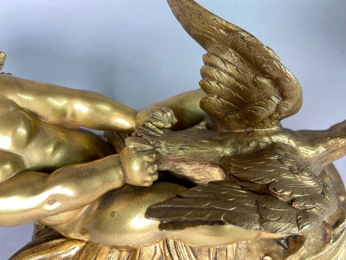 Exquise Sculpture En Bronze Doré : Chérubin à l'Oie Par Auguste Moreau-photo-5