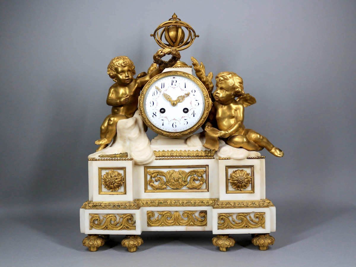 Horloge de table/manteau Louis XVI en bronze doré et marbre, France, vers 1860-photo-7