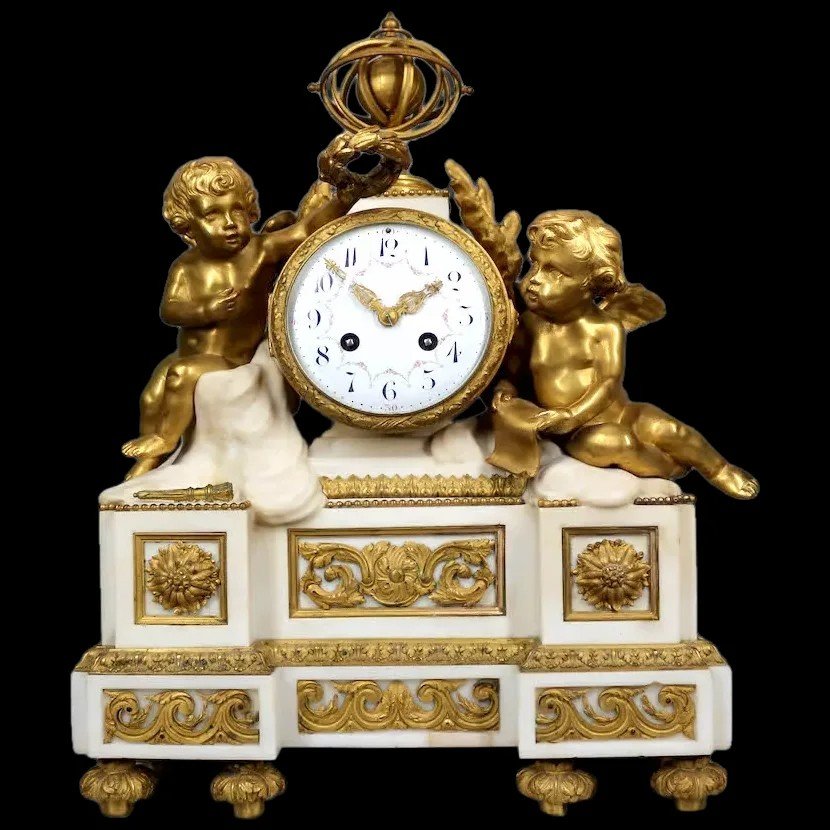 Horloge de table/manteau Louis XVI en bronze doré et marbre, France, vers 1860-photo-8