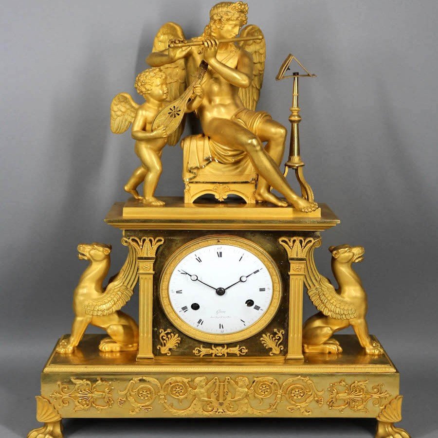 Early 19th Century Empire Bronze Mantle/table Clock (1810) Featuring Apollo And Orpheus