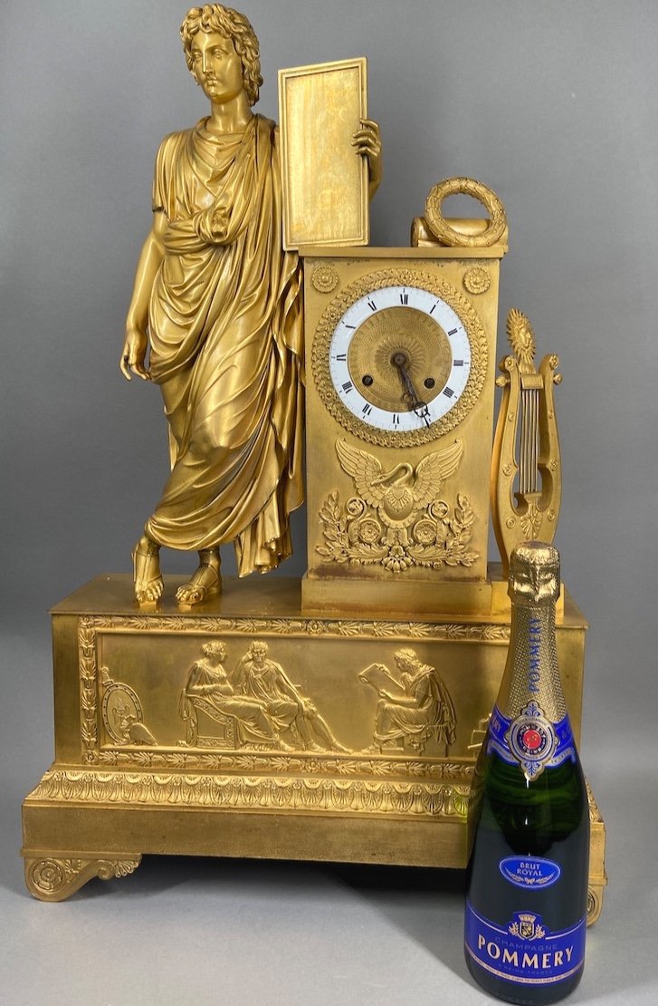 Exquisite Early 19th Century Empire Xl Chimney Clock In Ormolu Apollo-photo-1
