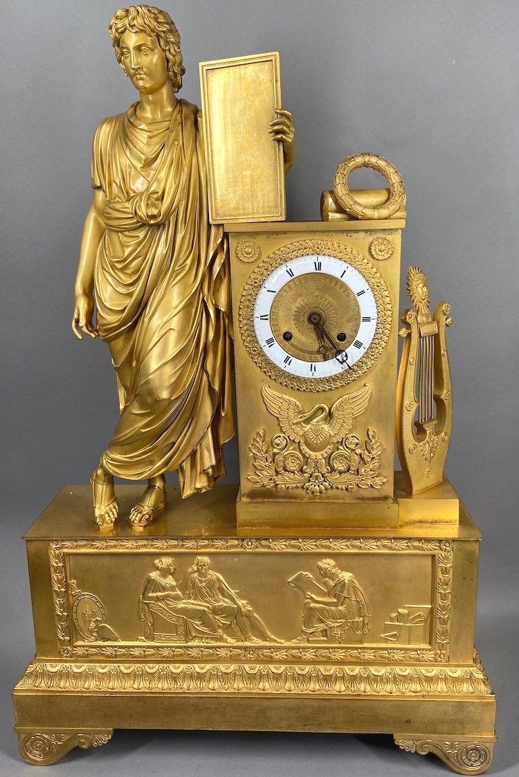 Exquisite Early 19th Century Empire Xl Chimney Clock In Ormolu Apollo-photo-6