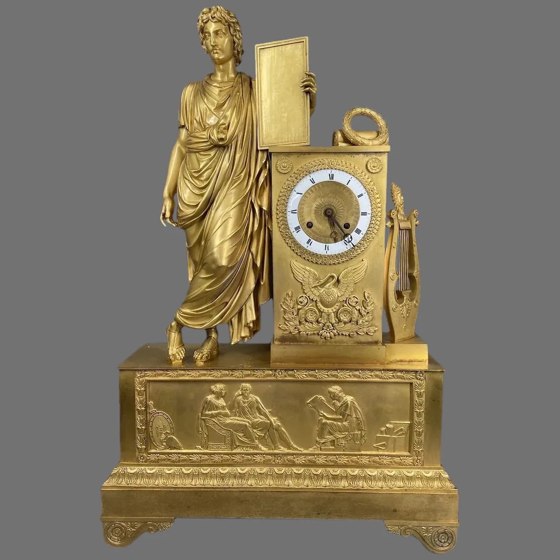 Exquisite Early 19th Century Empire Xl Chimney Clock In Ormolu Apollo-photo-7