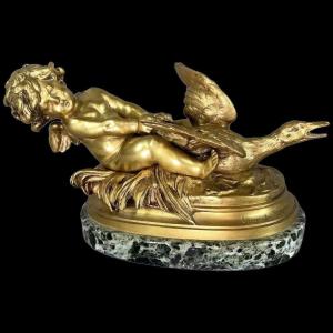 Exquise Sculpture En Bronze Doré : Chérubin à l'Oie Par Auguste Moreau