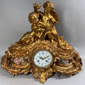 19th Century Louis XVI Table/fireplace Clock In Bronze With Sèvres Plaques