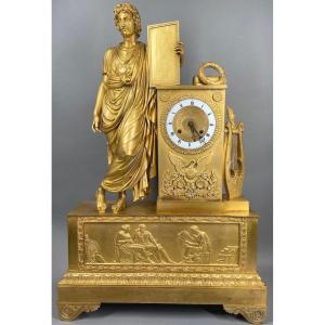 Exquise Horloge De Cheminée XL  Empire  Du Début Du 19e Siècle En Bronze Doré Apollon