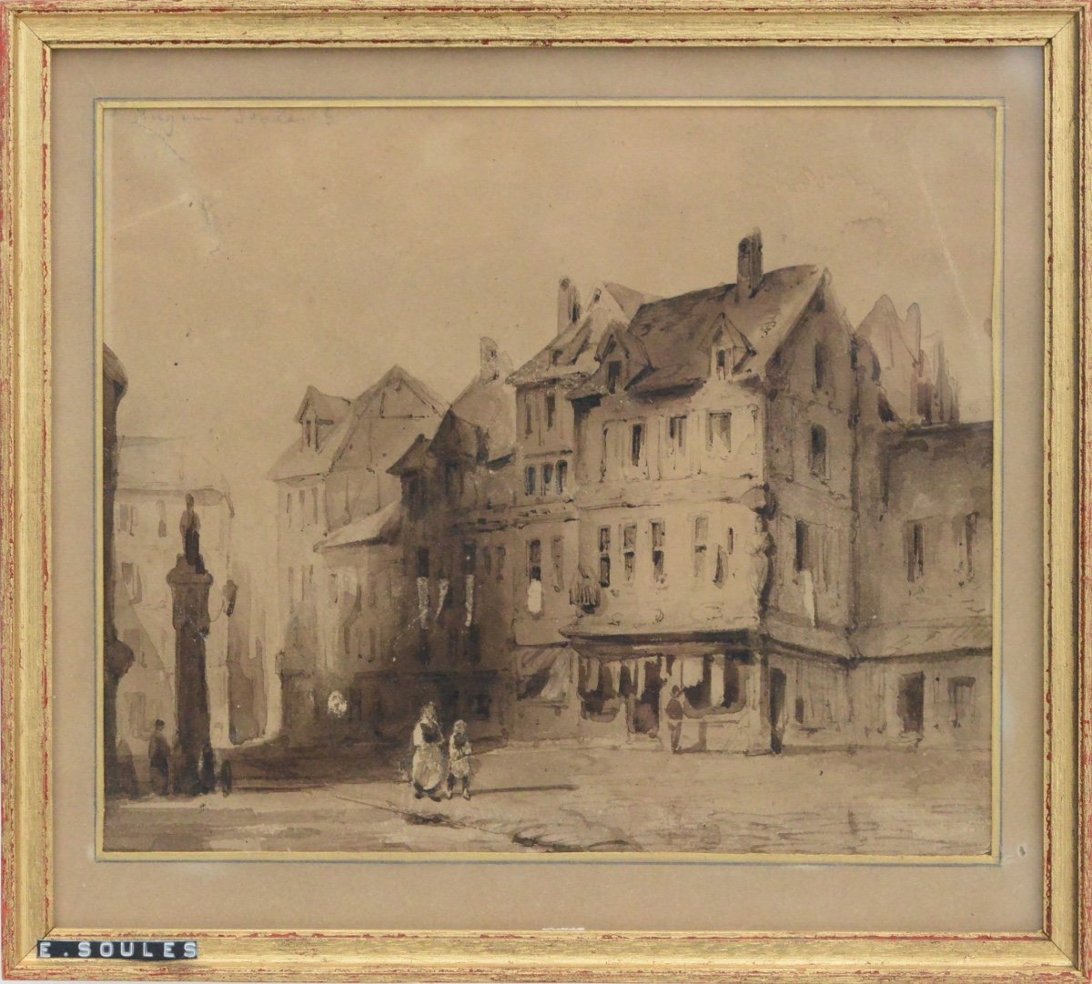 Eugène Edouard Soules (1811-1876) Dessin En Aquarelle - Vue Animée De La Place