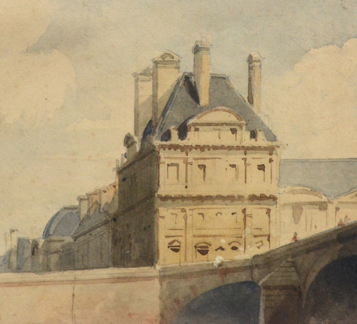 Dessin En Aquarelle Attribué à Eugène Edouard Soules (1811-1876) Vue De Paris-photo-2