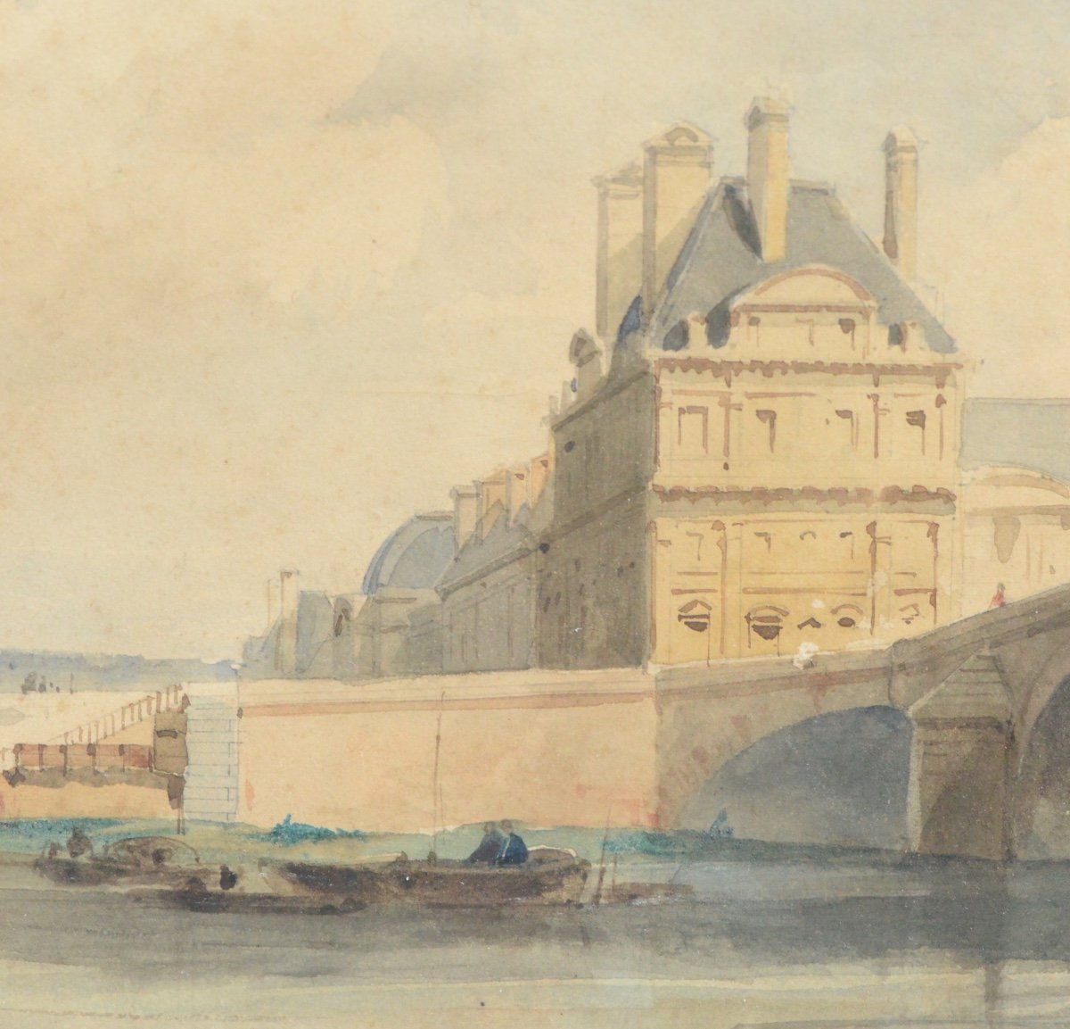 Dessin En Aquarelle Attribué à Eugène Edouard Soules (1811-1876) Vue De Paris-photo-3