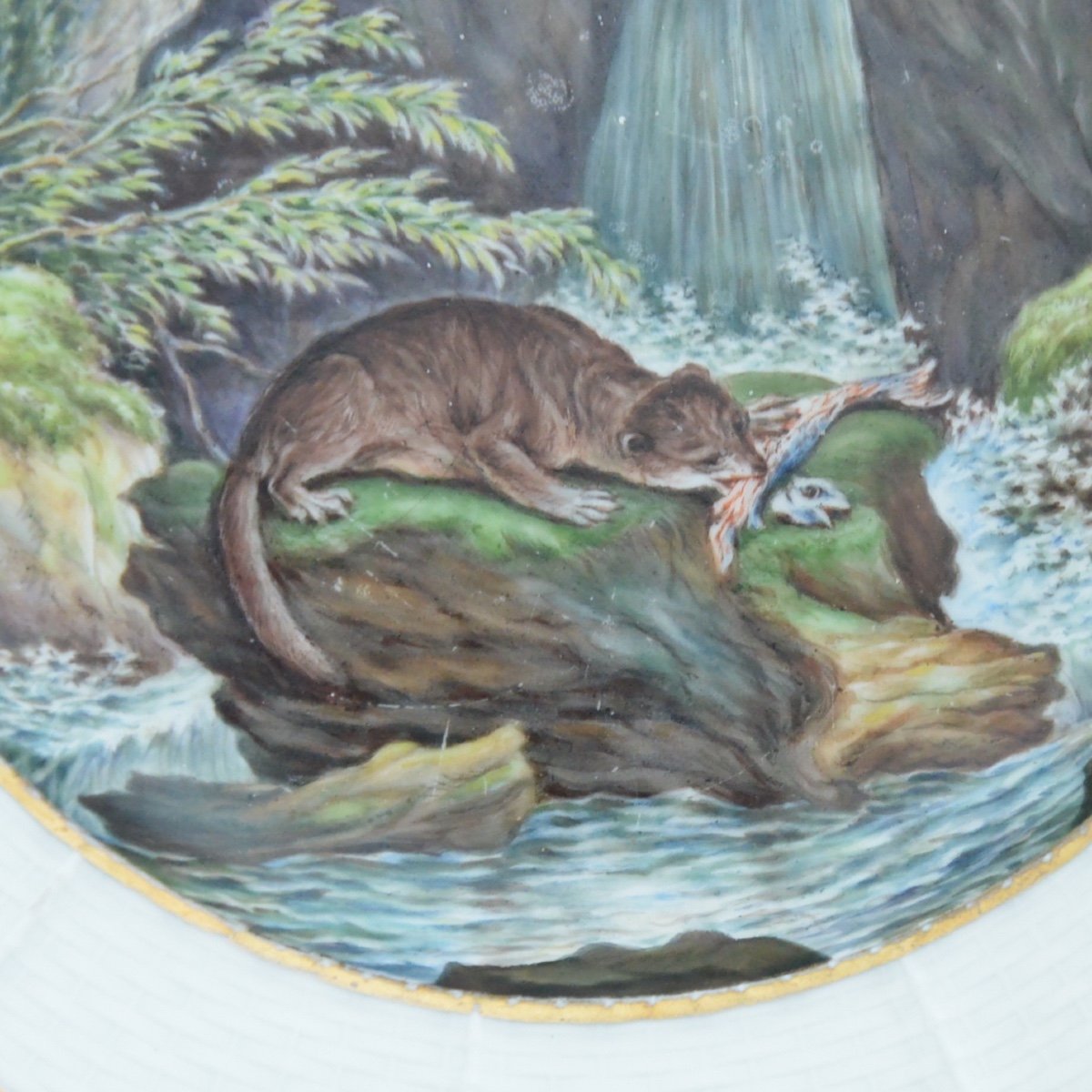 Kpm Berlin Porcelain Plate Decor In The Center Of A XIXth Fishing Otter-photo-2