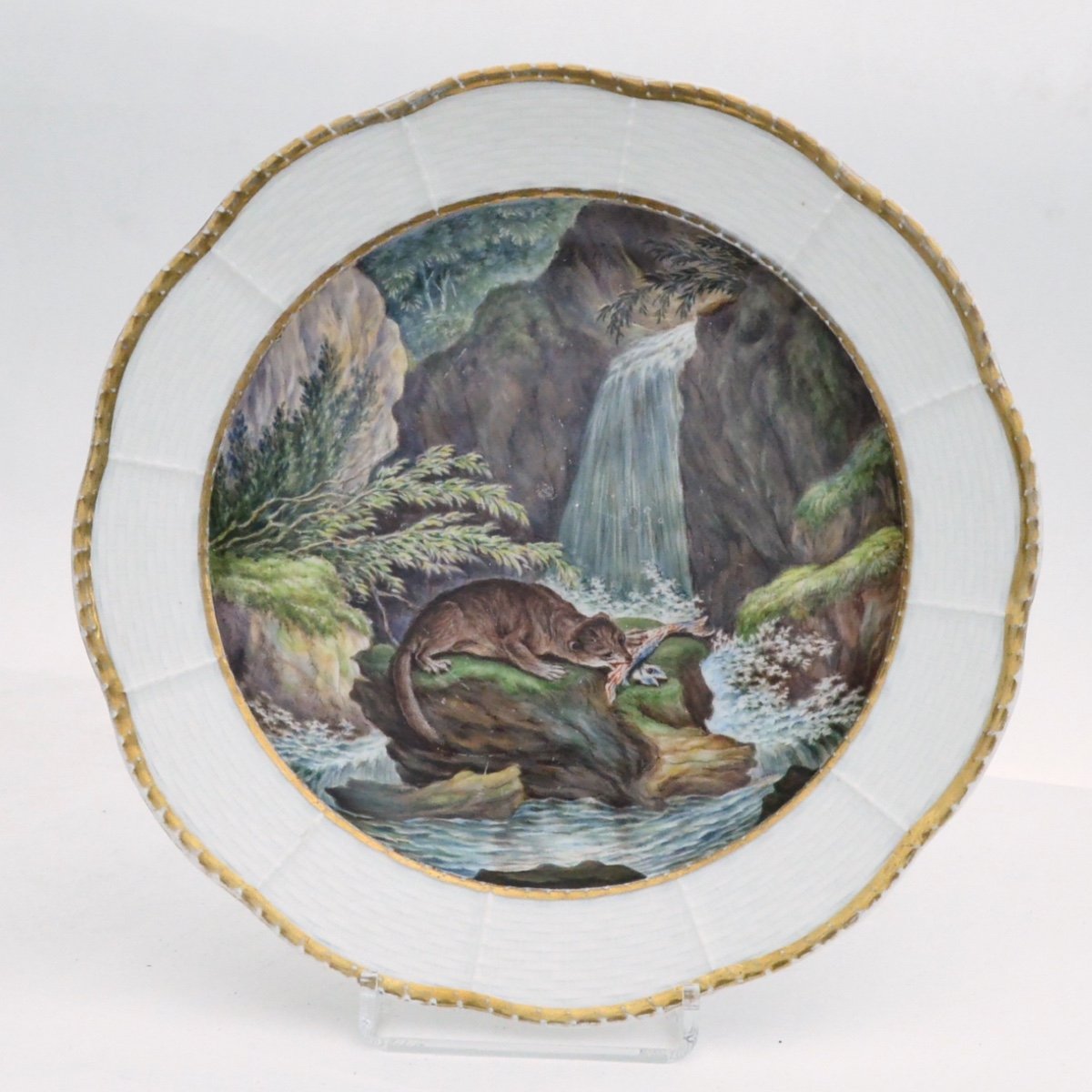 Kpm Berlin Porcelain Plate Decor In The Center Of A XIXth Fishing Otter