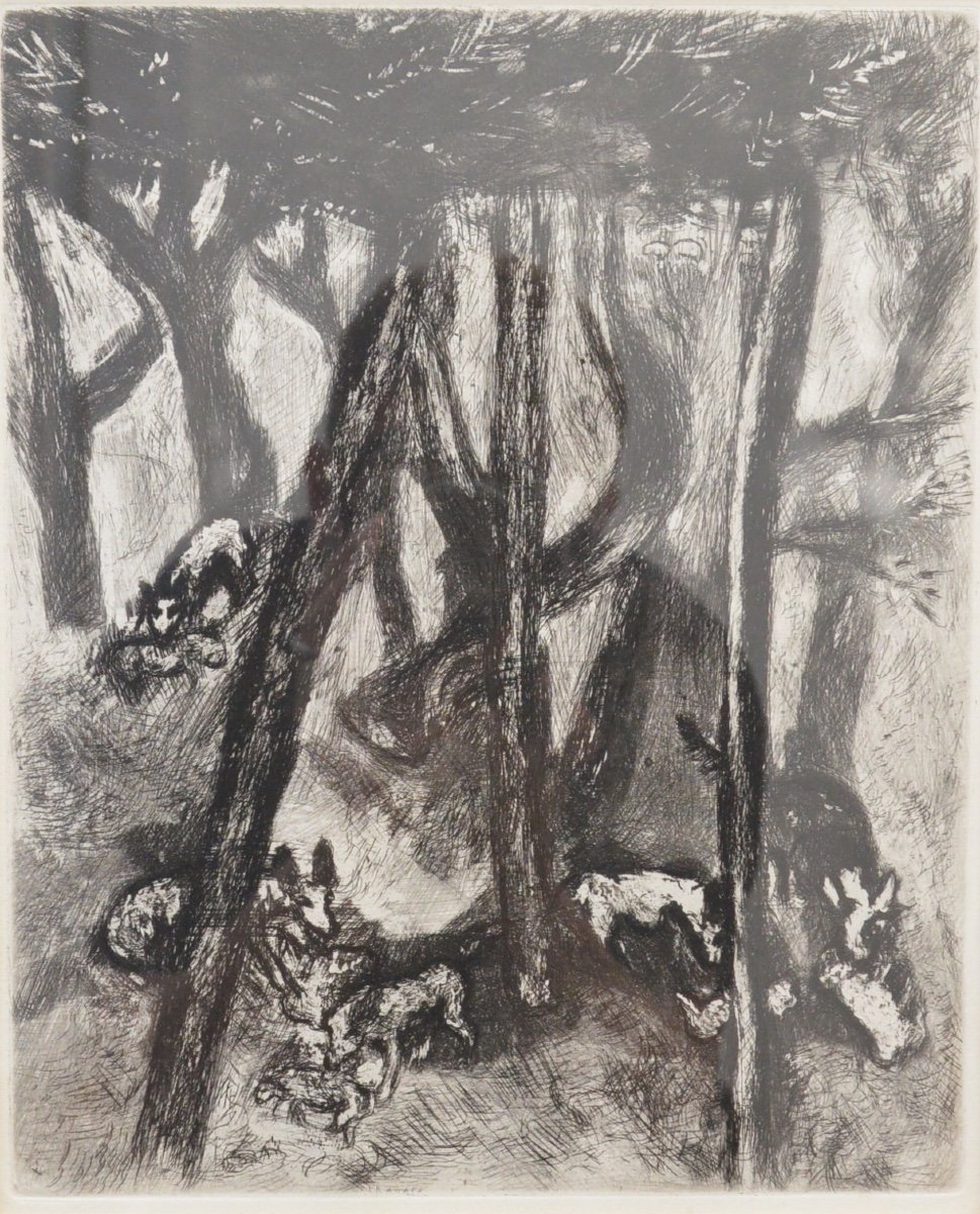 Marc Chagall Eau-forte Les Loupes Et Les Arbres Illustration La Fontaine circa 1927-photo-2