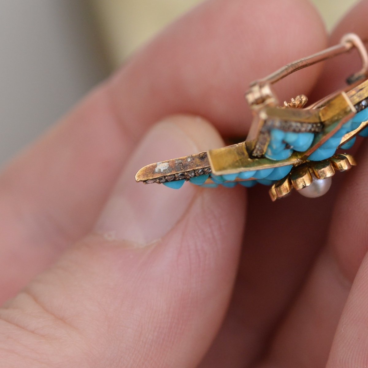 18k Gold Brooch Adorned With Turquoise, Diamonds And Pearls-photo-1