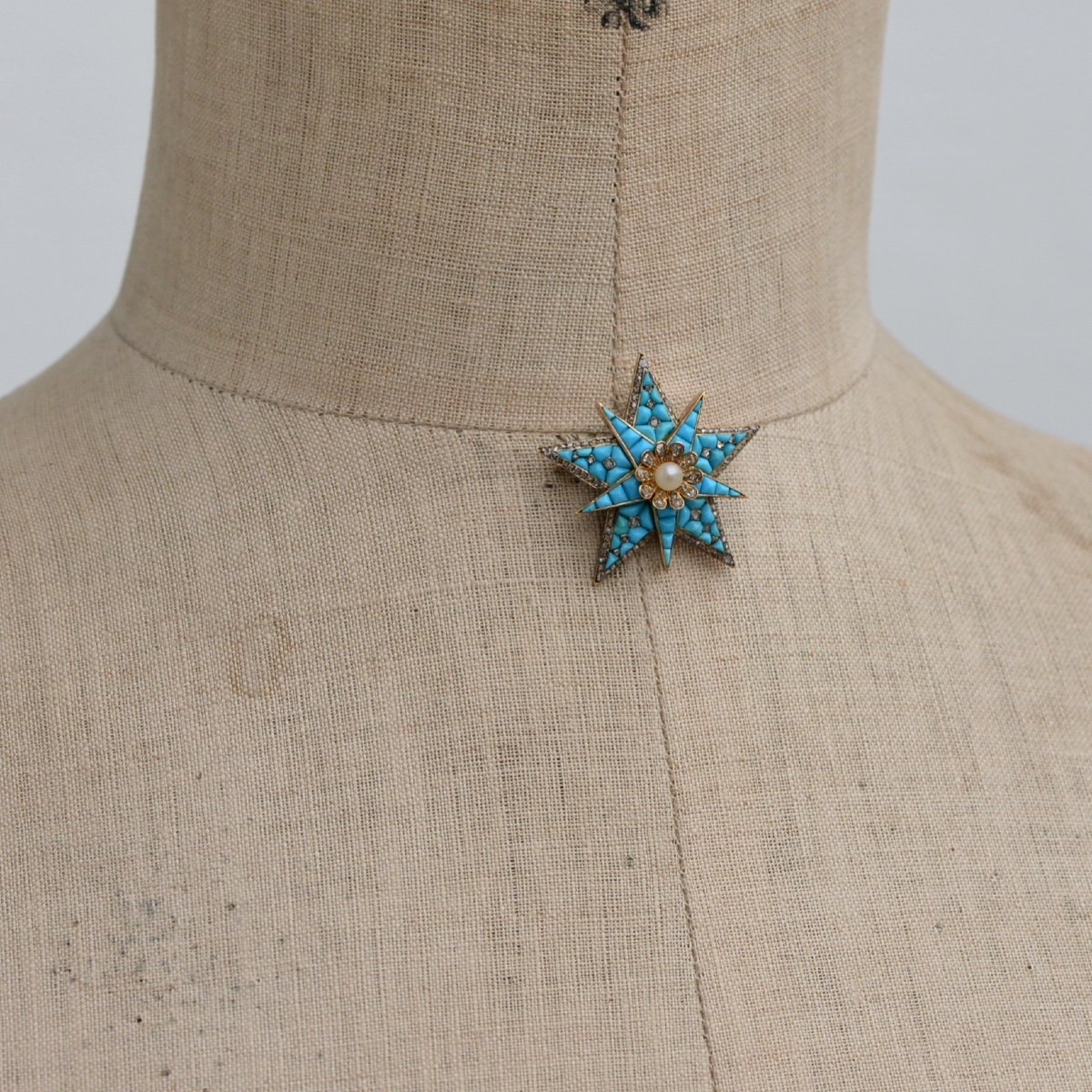 18k Gold Brooch Adorned With Turquoise, Diamonds And Pearls-photo-2