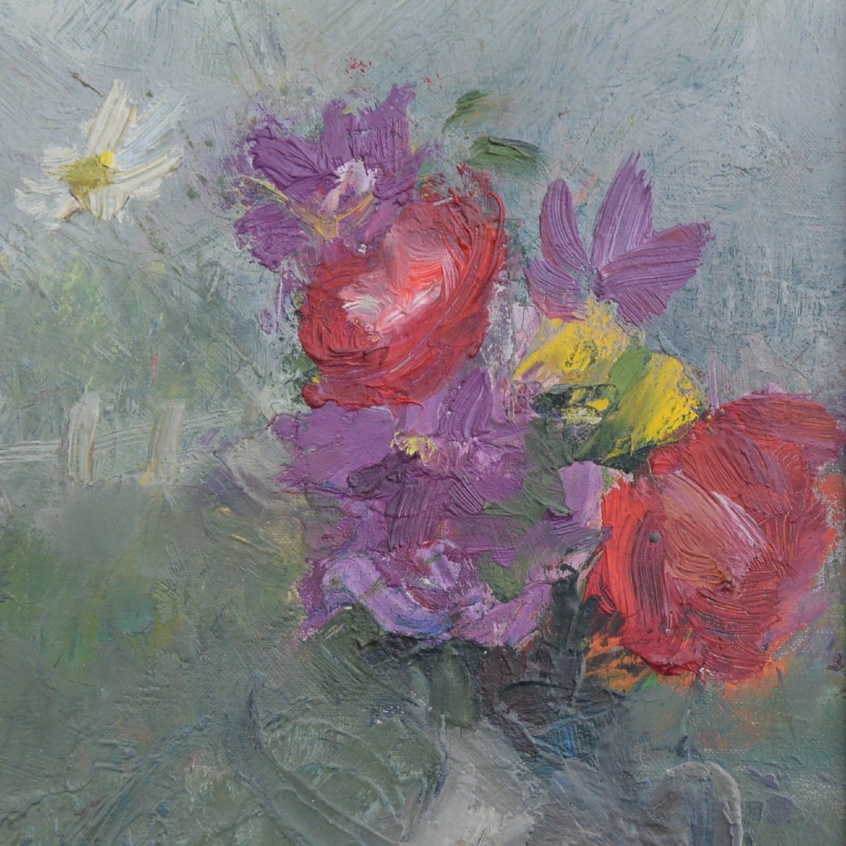 Jean Duhelly (20th Century)  Flower Vases Oil On Canvas-photo-2