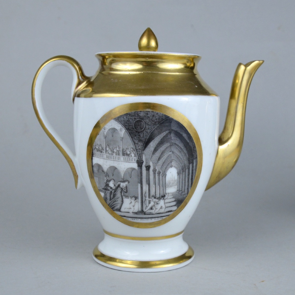 Cafetière Et Pot à Lait En Porcelaine XIXème à Décor Des Scènes Satiriques En Noir Et Blanc-photo-2