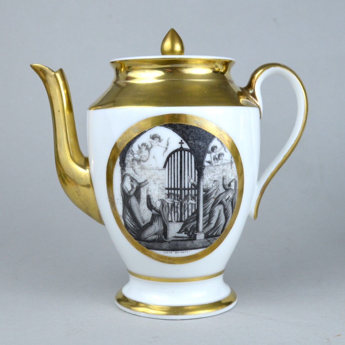 Cafetière Et Pot à Lait En Porcelaine XIXème à Décor Des Scènes Satiriques En Noir Et Blanc-photo-3