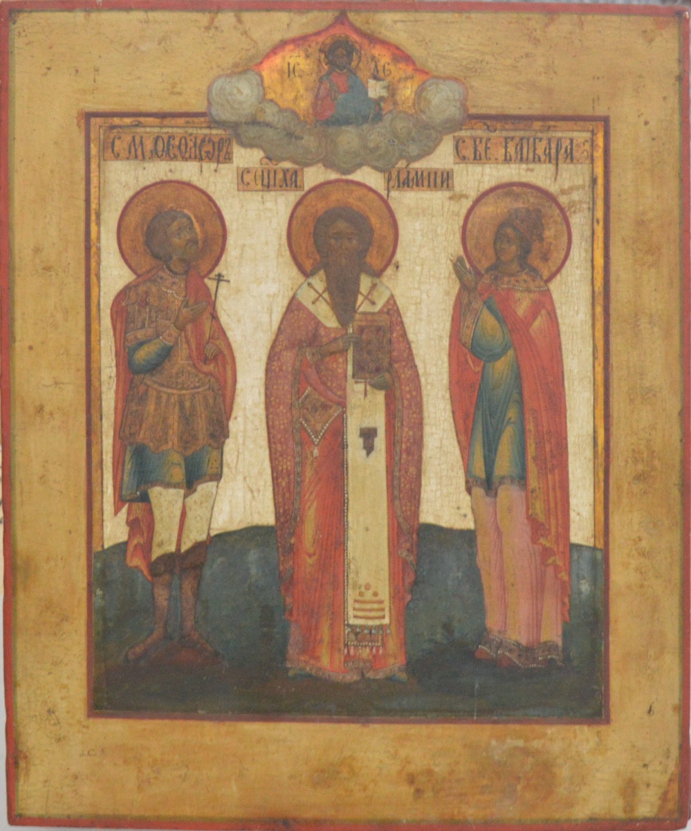 Russian Orthodox Icon Synaxis Of Saints - St Theodore, St Charalampos And St Barbara Late 19th Century