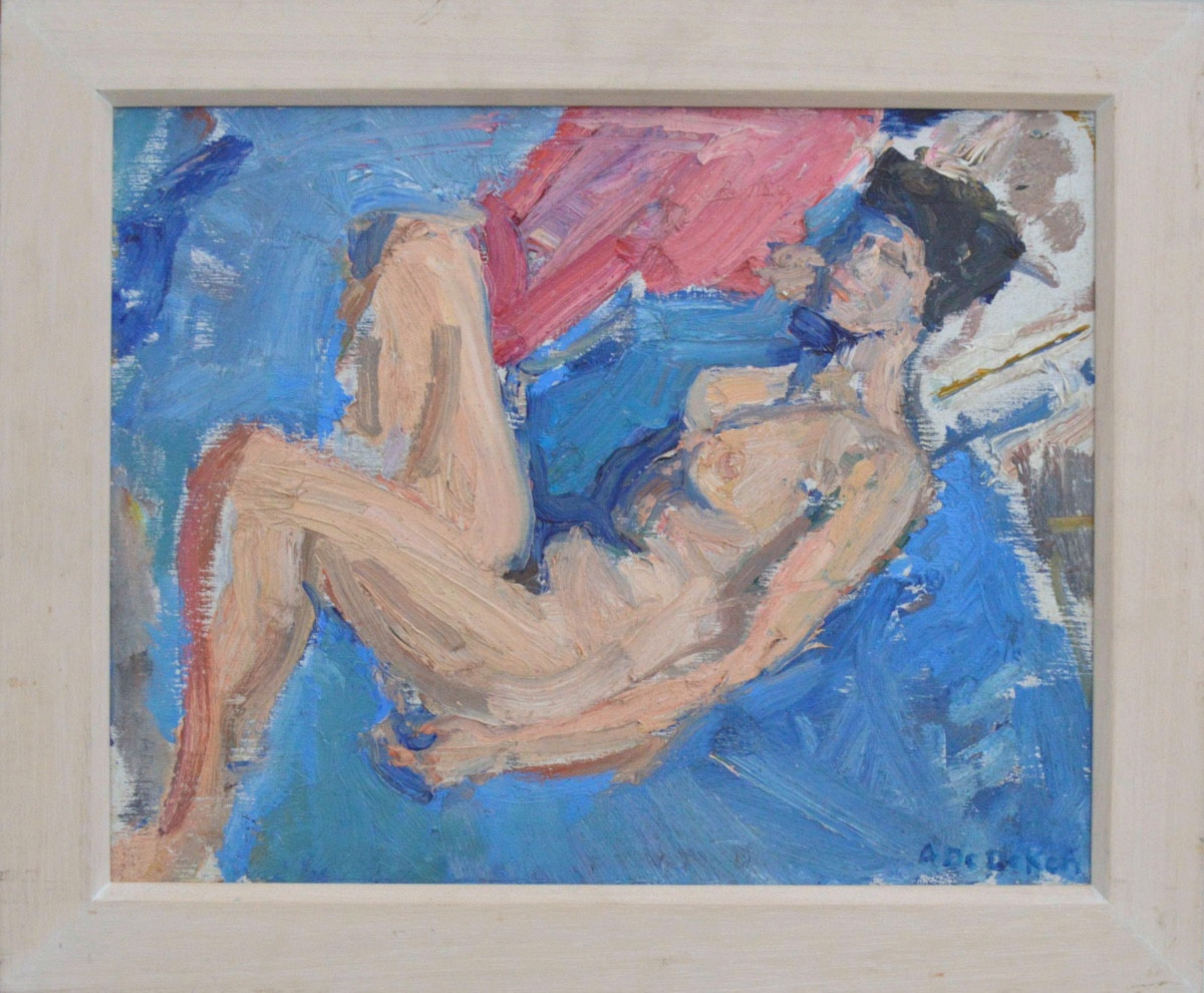 Albert De Deken (1915-2003) Allongée sur drap bleu (1988) Huile sur toile