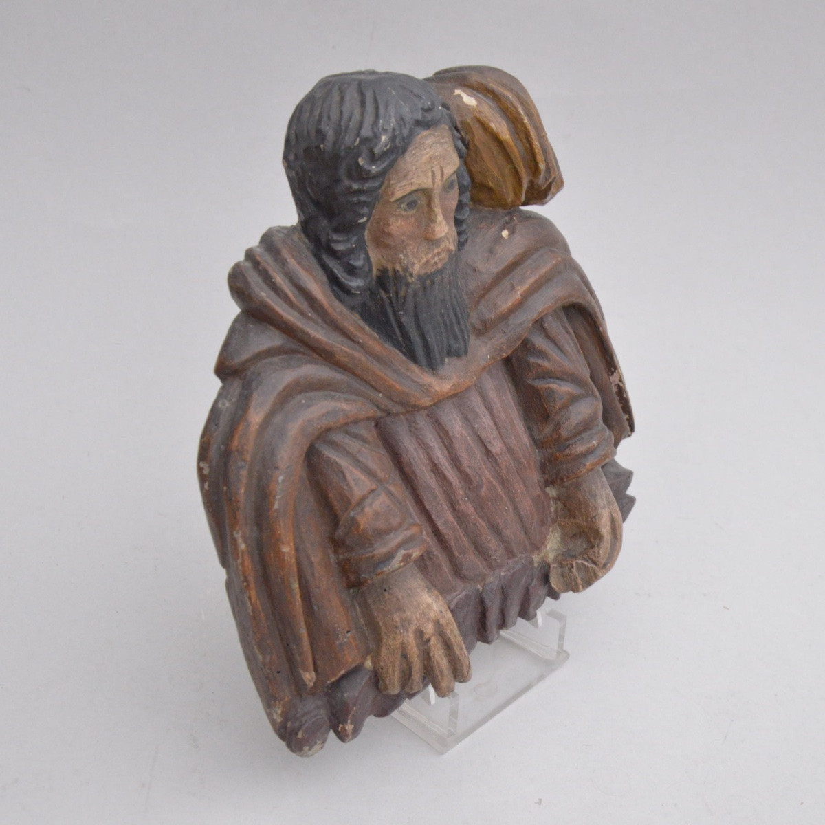 Carved And Polychrome Wooden Relief Depicting A Prophet Or Hermit. Circa 1840–1880-photo-3